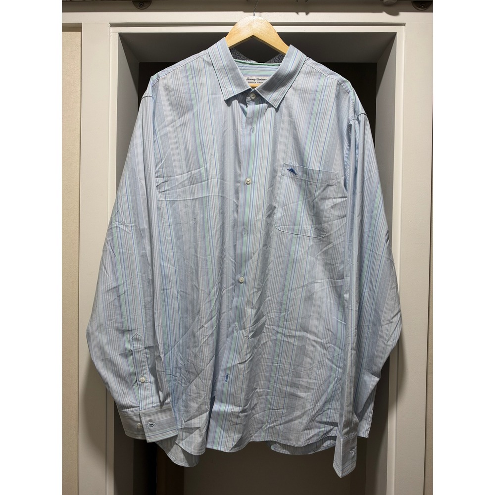 Tommy Bahama Sarasota Stretch Shirt Mens 2XLT Blue Striped CoolMax Long Sleeve